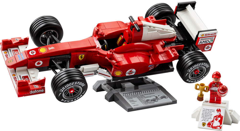 LEGO Icons Ferrari F2004 & Michael Schumacher 11375, built Ferrari F2004 on its display stand with the Michael Schumacher podium