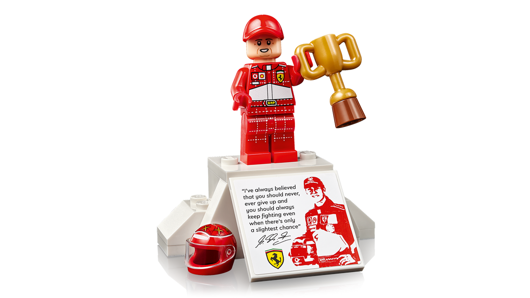 LEGO Icons Ferrari F2004 & Michael Schumacher 11375, Michael Schumacher minifigure with helmet and trophy on the printed podium