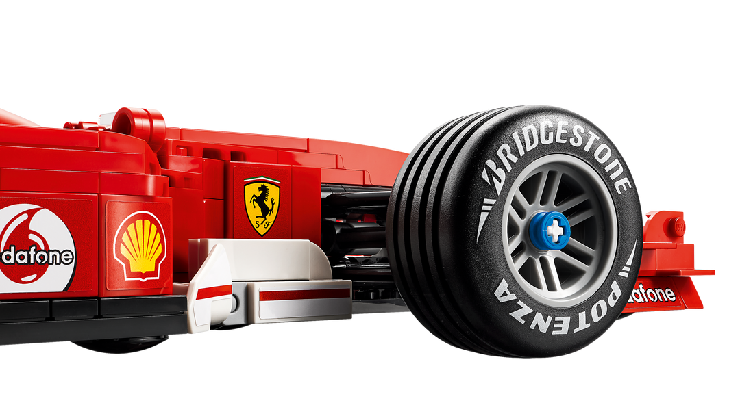 LEGO Icons Ferrari F2004 & Michael Schumacher 11375, grooved slick tire with printed Bridgestone Potenza lettering