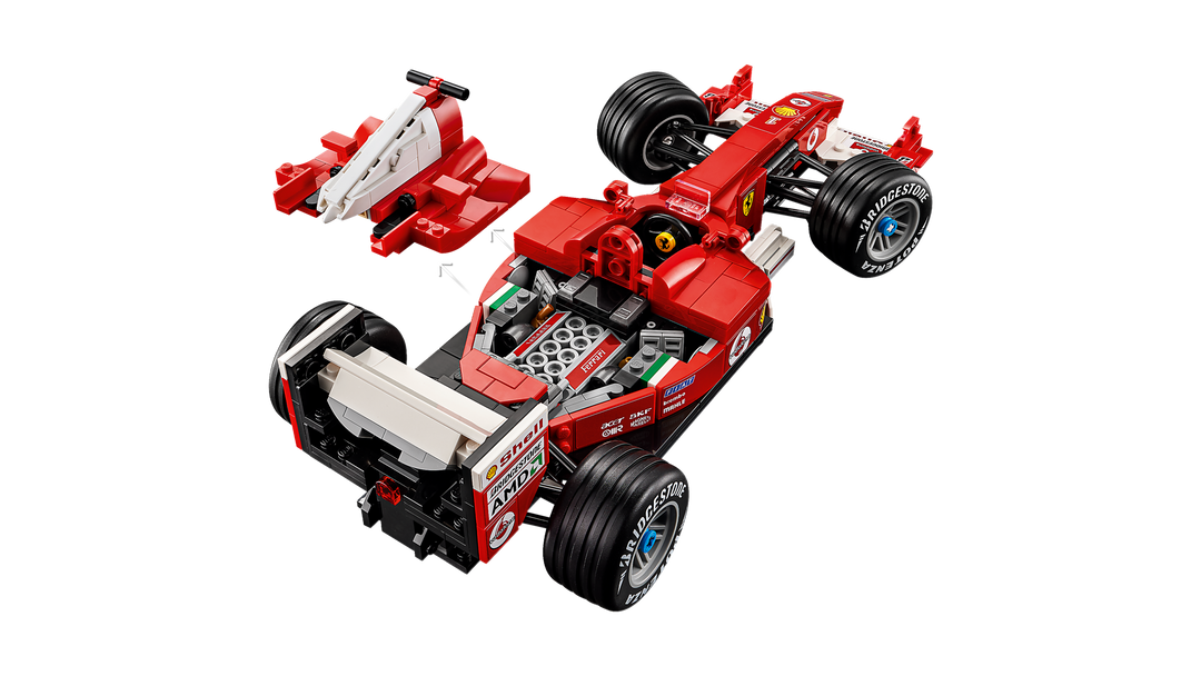 LEGO Icons Ferrari F2004 & Michael Schumacher 11375, bodywork off to show the cockpit and V10 engine
