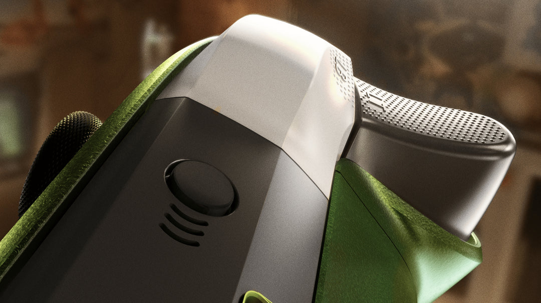 XBOX Wireless Controller X25 Special Edition, close-up of the white and black bumper and textured trigger