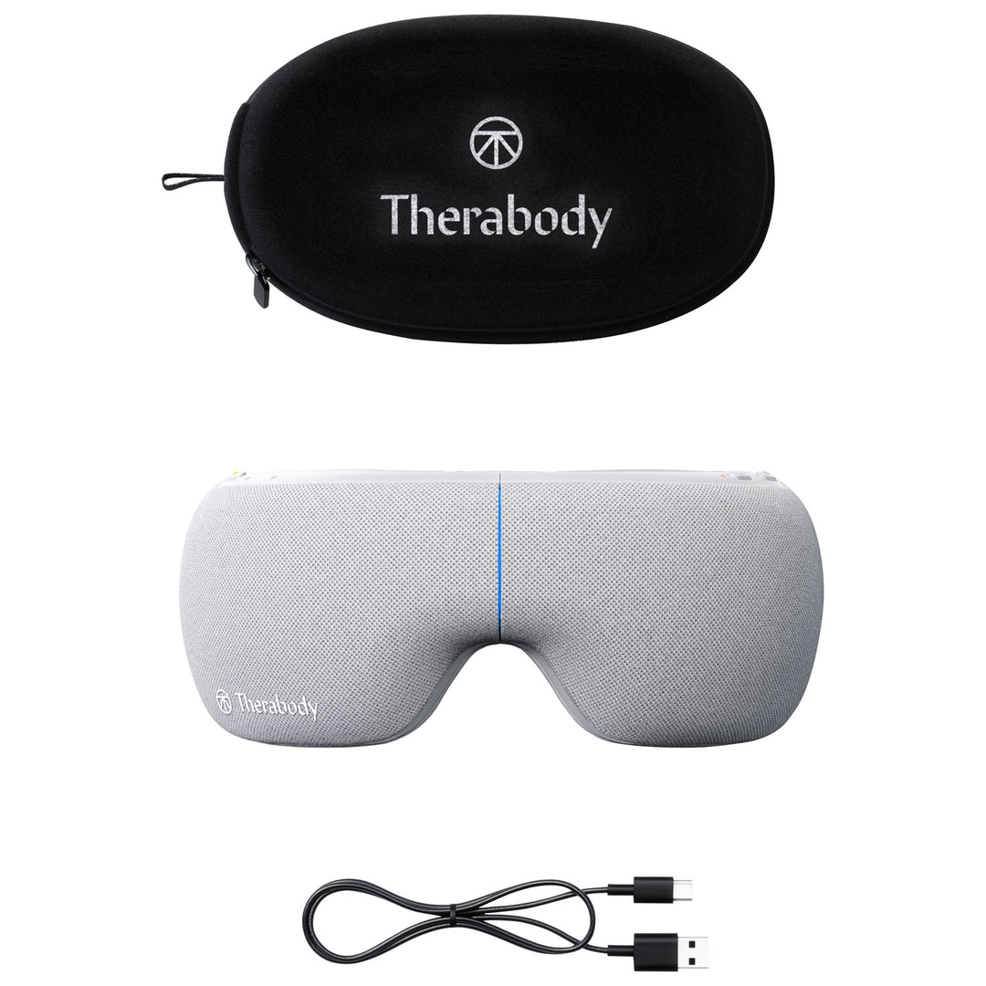 Therabody SmartGoggles grey with soft case and USB-A to USB-C cable on white