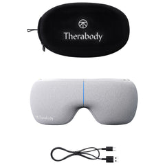 Therabody SmartGoggles grey with soft case and USB-A to USB-C cable on white