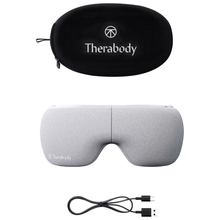 Therabody SmartGoggles grey with soft case and USB-A to USB-C cable on white