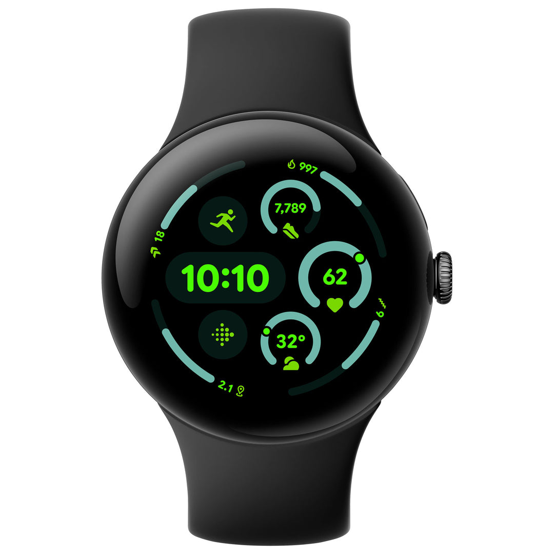 Google Pixel Watch 3 45mm Matte Black, straight-on front view of the watch face