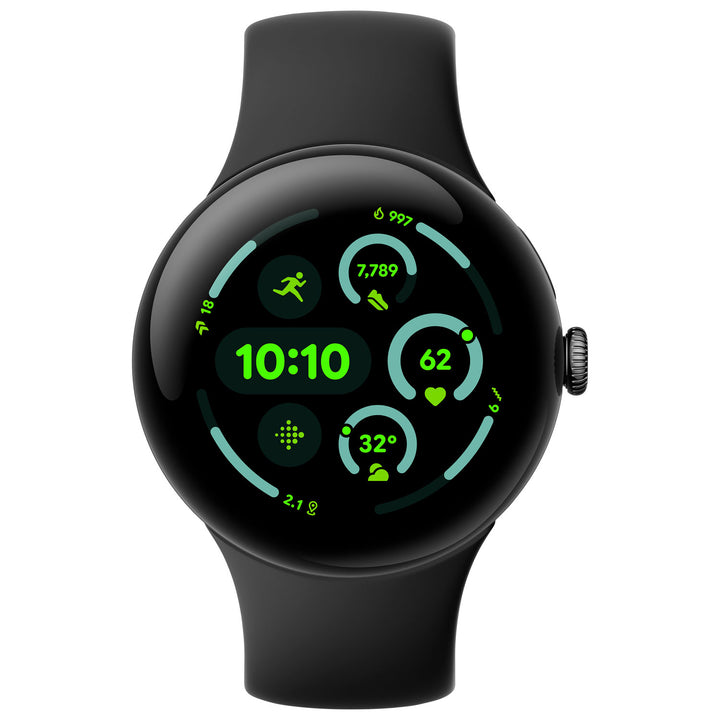Google Pixel Watch 3 45mm Matte Black, straight-on front view of the watch face