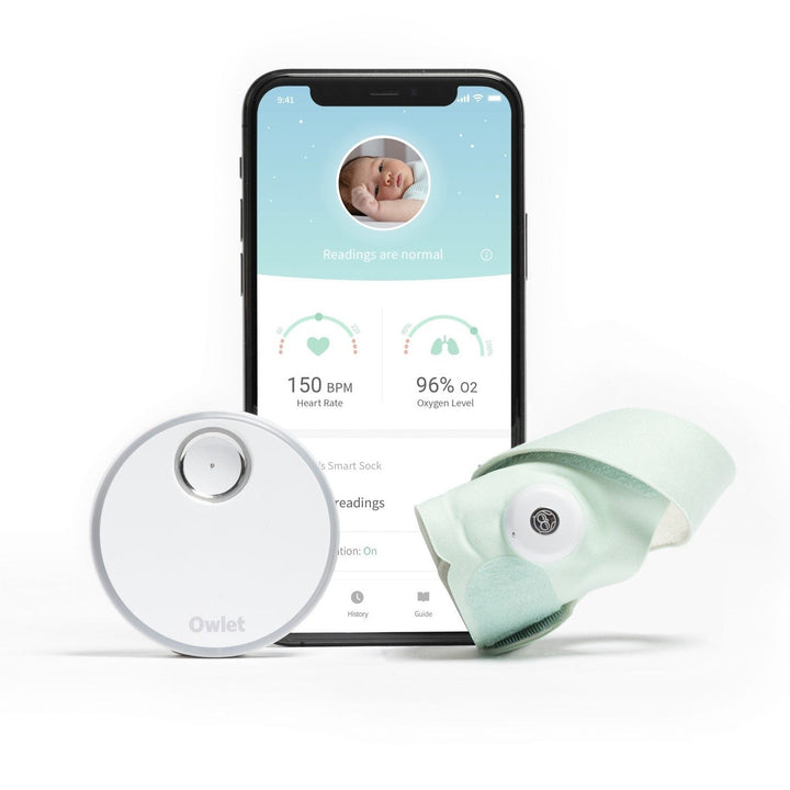Owlet Smart Sock 3 Mint pack. Base station, mint sock sensor, and readings screen.
