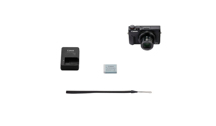 Canon PowerShot G7 X Mark III black kit with NB-13L battery, CB-2LH charger, and WS-DC12 strap