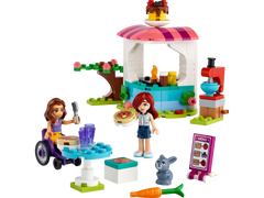 Full LEGO Pancake Shop set on white: kiosk, Luna and Paisley mini-dolls, wheelchair, table, bunny and accessories