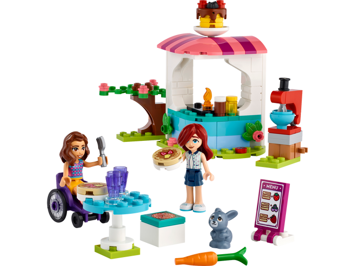Full LEGO Pancake Shop set on white: kiosk, Luna and Paisley mini-dolls, wheelchair, table, bunny and accessories
