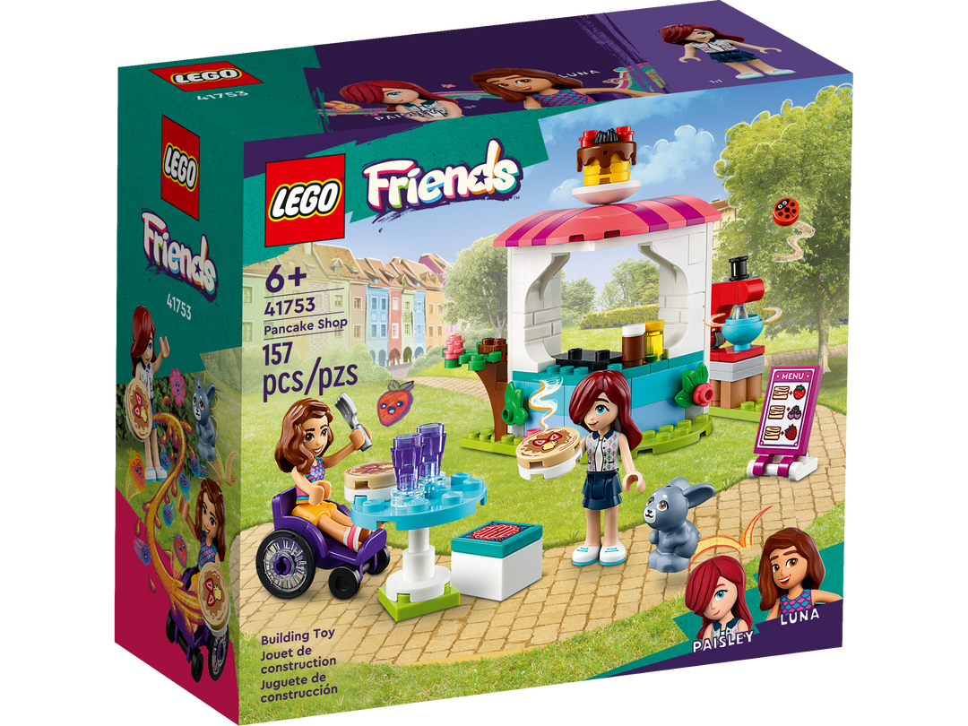 LEGO Friends 41753 Pancake Shop box front, 157 pieces, ages 6 and up, featuring Paisley and Luna