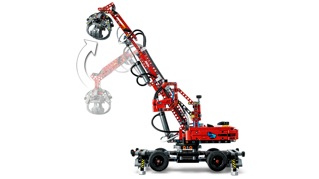 LEGO Technic 42144 Material Handler side profile showing arm travel