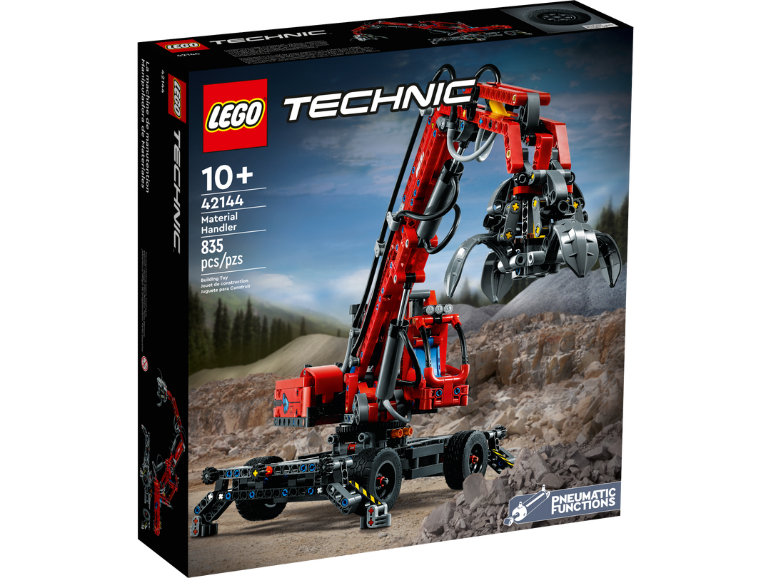 LEGO Technic 42144 Material Handler official box front, 835 pieces, ages 10+