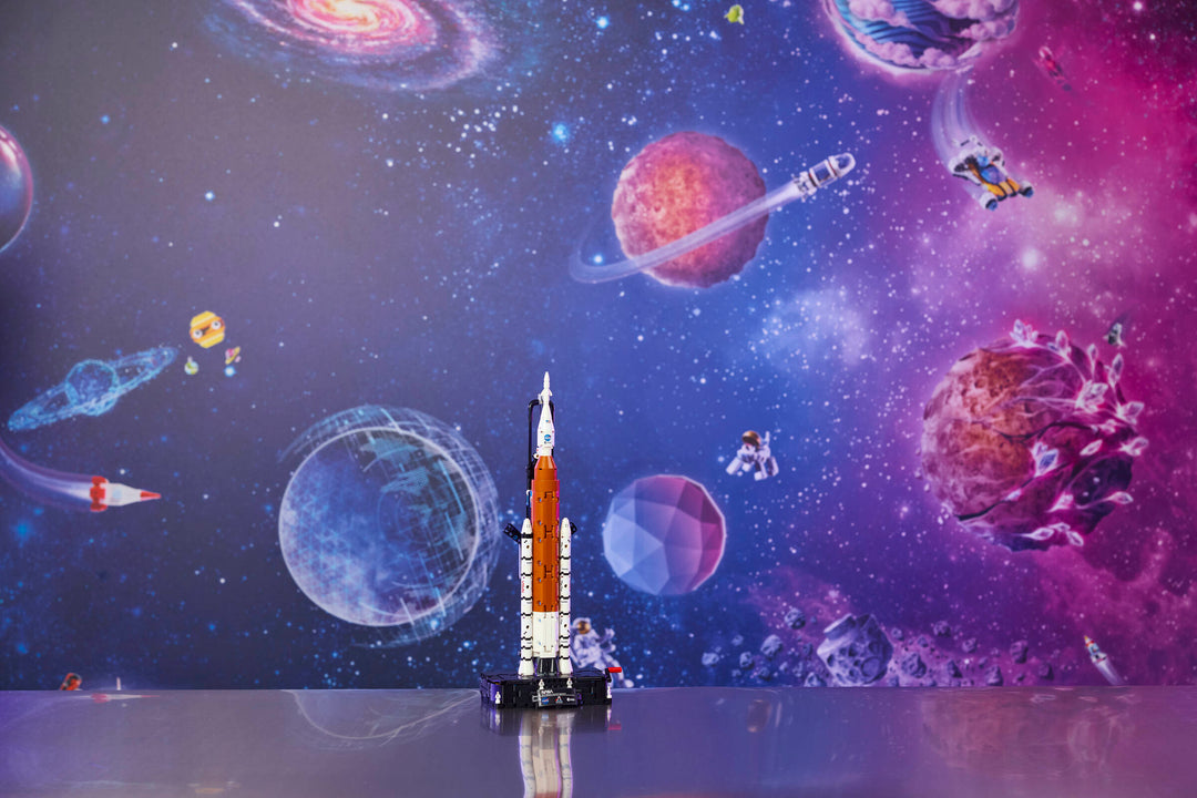 LEGO Technic NASA Artemis Space Launch System Rocket 42221, built rocket on display