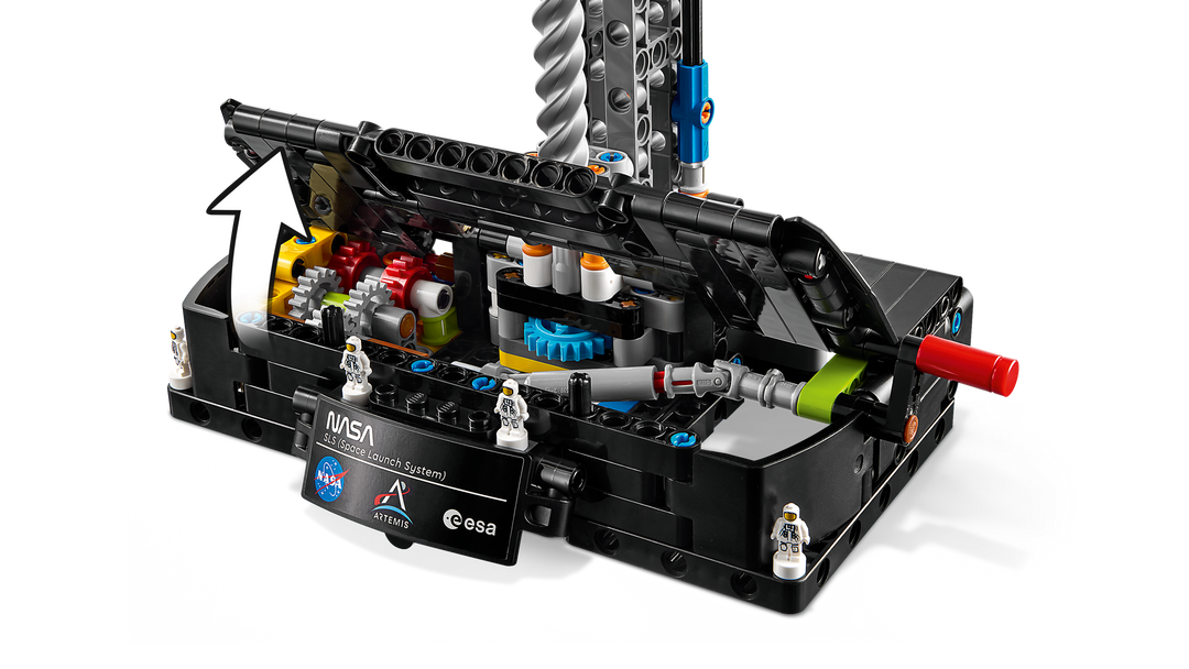 LEGO Technic NASA Artemis Space Launch System Rocket 42221, launch base opened to show the hand crank mechanism