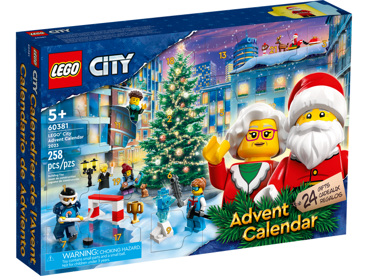 LEGO City 60381 Advent Calendar 2023 official box art, 258 pieces, ages 5+