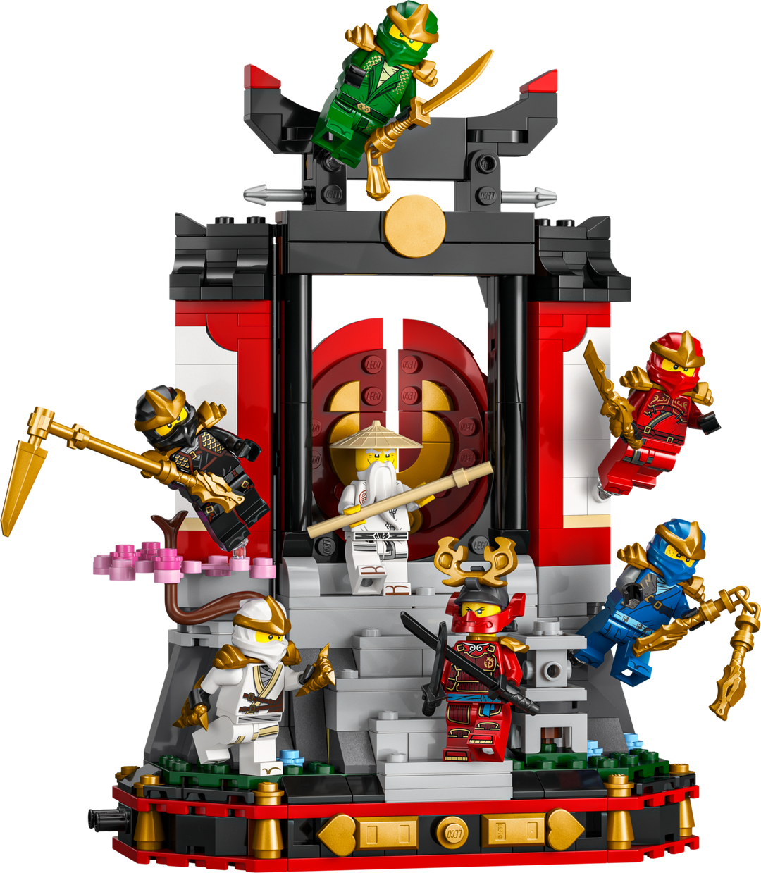 LEGO NINJAGO Ninja Character Display 15th Anniversary 71866, built monastery with the minifigures on display