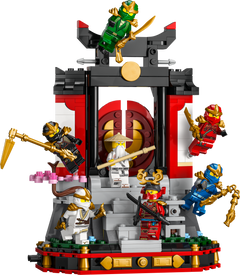 LEGO NINJAGO Ninja Character Display 15th Anniversary 71866, built monastery with the minifigures on display