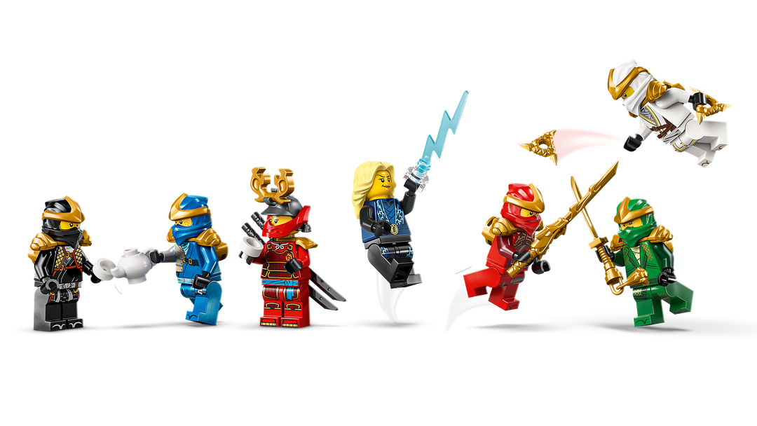 LEGO NINJAGO Ninja Character Display 15th Anniversary 71866, seven of the minifigures with their weapons
