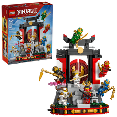 LEGO NINJAGO Ninja Character Display 15th Anniversary 71866, box front with the built monastery and minifigures