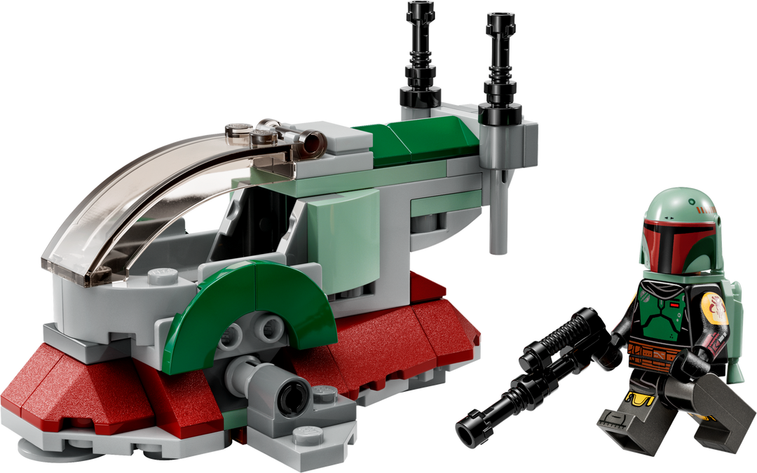 Built Boba Fett's Starship Microfighter with Boba Fett minifigure on white background
