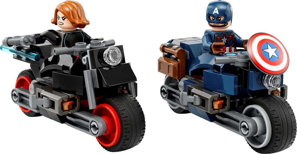 Both built LEGO motorcycles with Captain America and Black Widow minifigures on white background