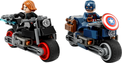 Both built LEGO motorcycles with Captain America and Black Widow minifigures on white background