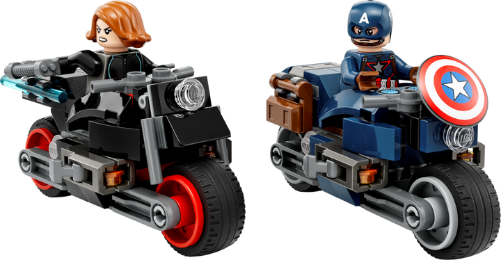 Both built LEGO motorcycles with Captain America and Black Widow minifigures on white background