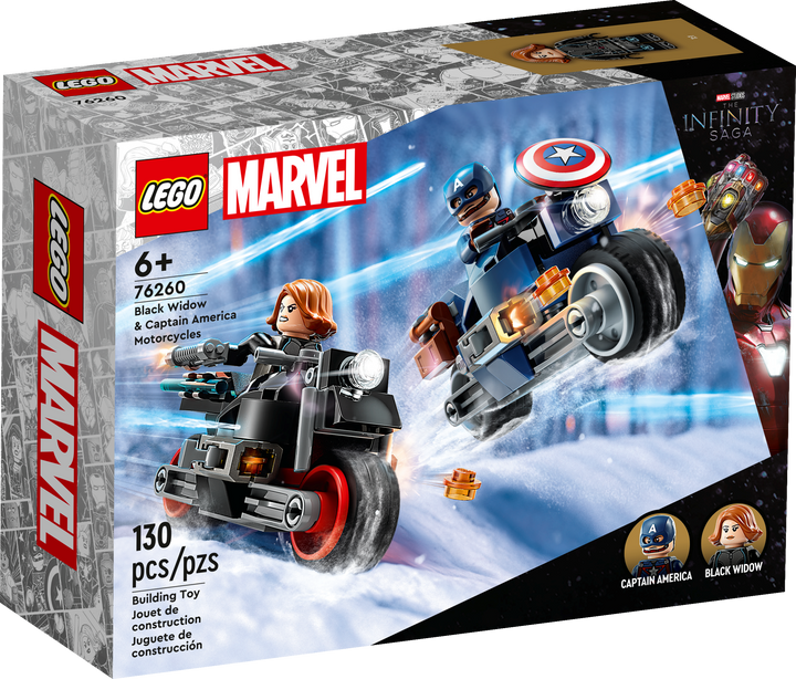 LEGO Marvel 76260 Black Widow and Captain America Motorcycles box front, 130 pieces, The Infinity Saga