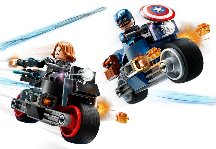 LEGO Marvel motorcycles action scene with stud shooter effects