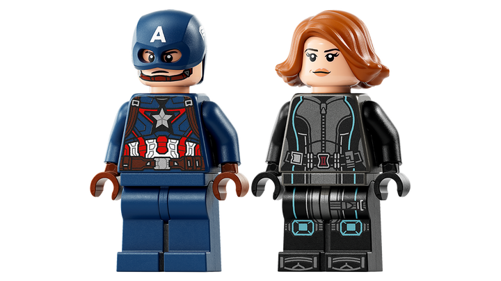 Captain America and Black Widow minifigures close-up with shield and baton
