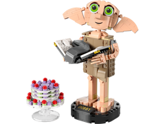 Built LEGO 76421 Dobby the House-Elf on display stand with diary, sock and pudding cake