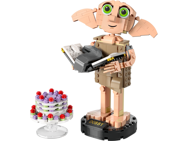 Built LEGO 76421 Dobby the House-Elf on display stand with diary, sock and pudding cake