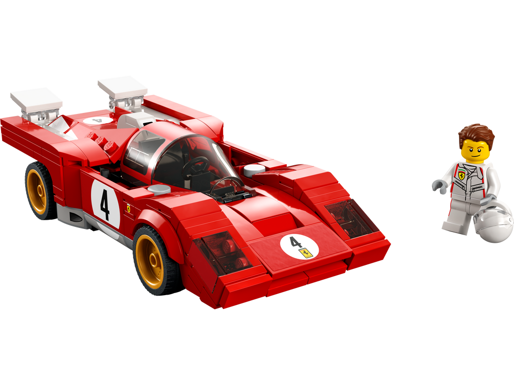 Built LEGO 1970 Ferrari 512 M race car with exclusive Ferrari driver minifigure on white background