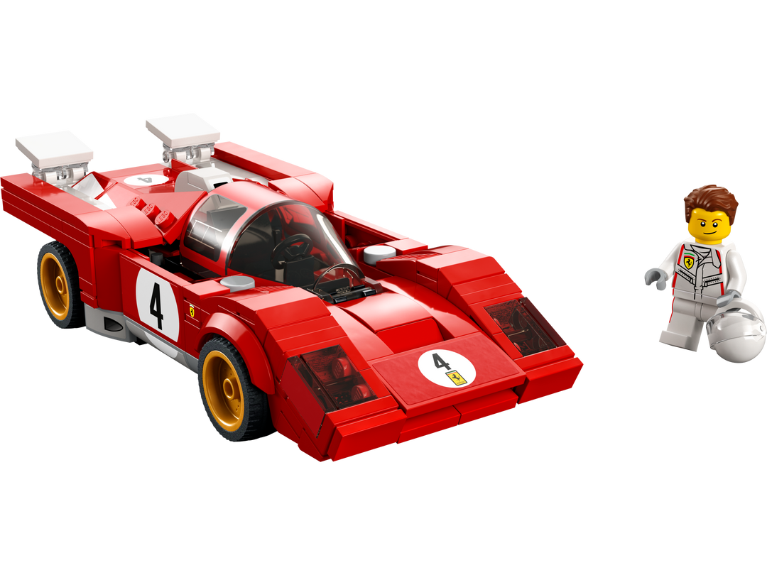 Built LEGO 1970 Ferrari 512 M race car with exclusive Ferrari driver minifigure on white background