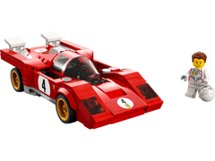 Built LEGO 1970 Ferrari 512 M race car with exclusive Ferrari driver minifigure on white background