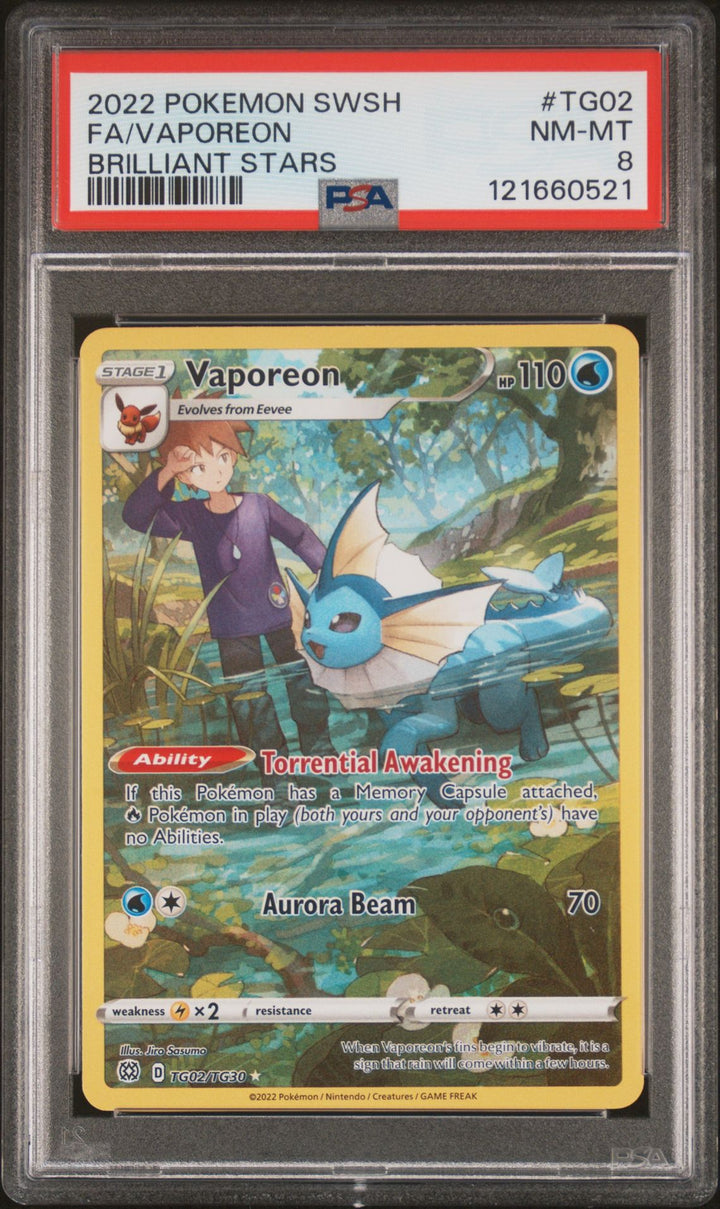 Vaporeon #TG02 Full Art in PSA 8 - Brilliant Stars Trainer Gallery Pokemon 2022 - Quaza Collect