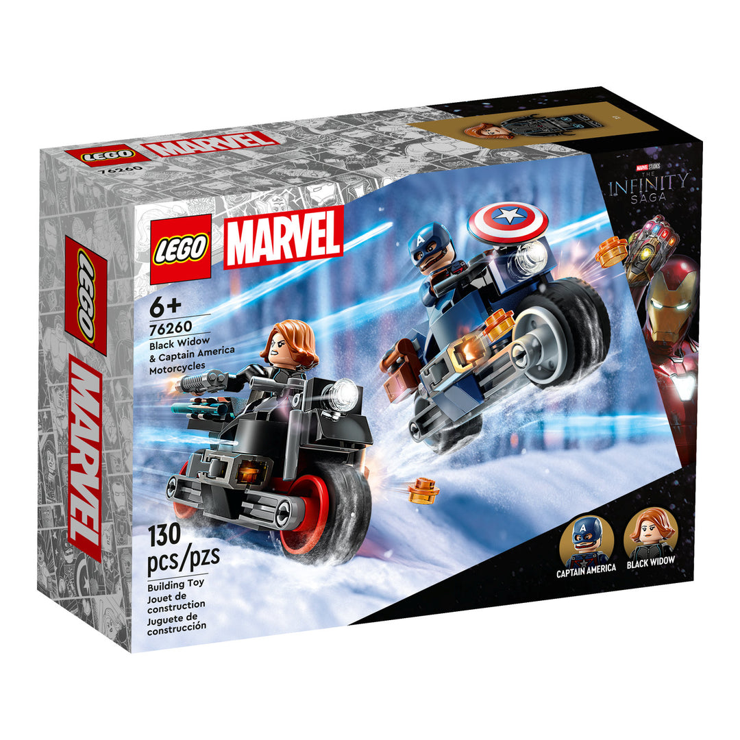 LEGO Marvel 76260 Black Widow and Captain America Motorcycles box front, 130 pieces, The Infinity Saga