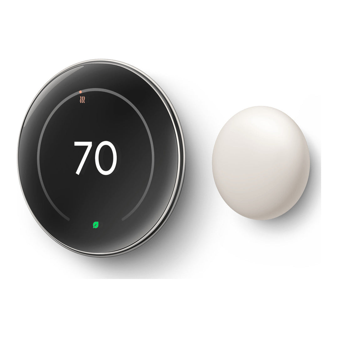Google Nest Learning Thermostat 4th gen in Polished Silver beside the Nest Temperature Sensor, front view showing 70 degrees