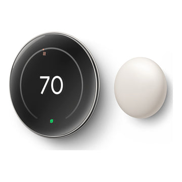 Google Nest Learning Thermostat 4th gen in Polished Silver beside the Nest Temperature Sensor, front view showing 70 degrees