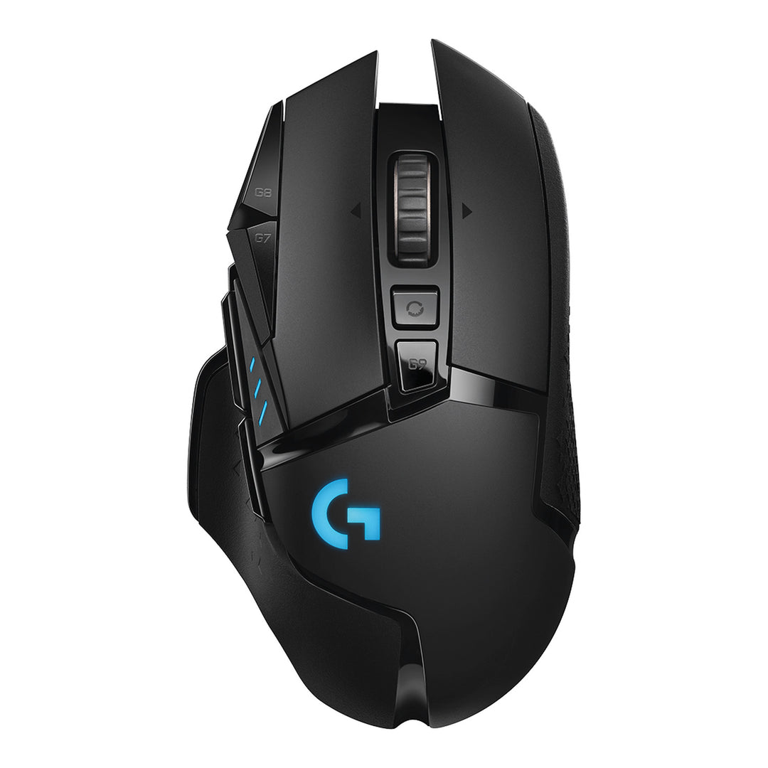 Logitech G502 LIGHTSPEED wireless gaming mouse in black, top view with the lit G logo