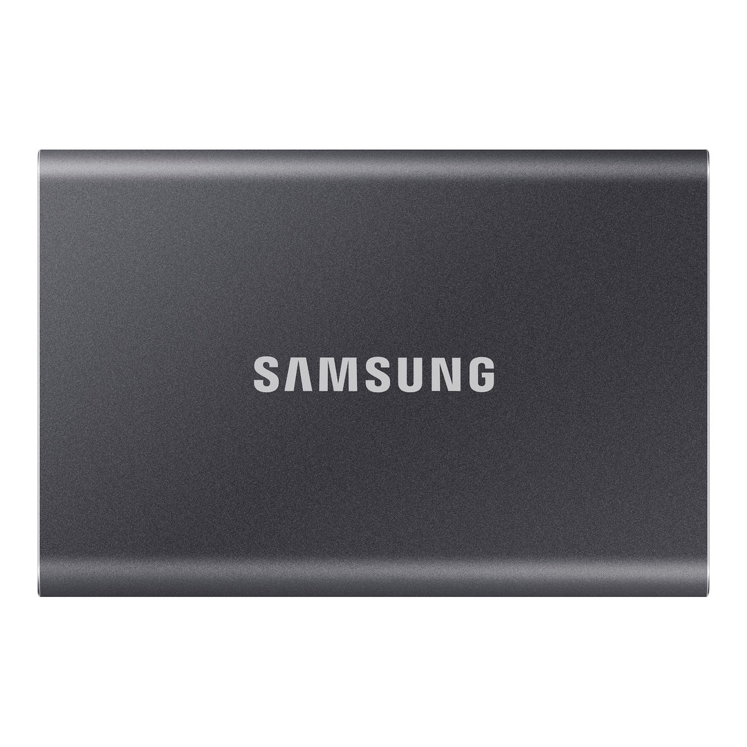 Samsung T7 Portable SSD 1TB in Titan Gray, front view with the Samsung logo on the aluminum body