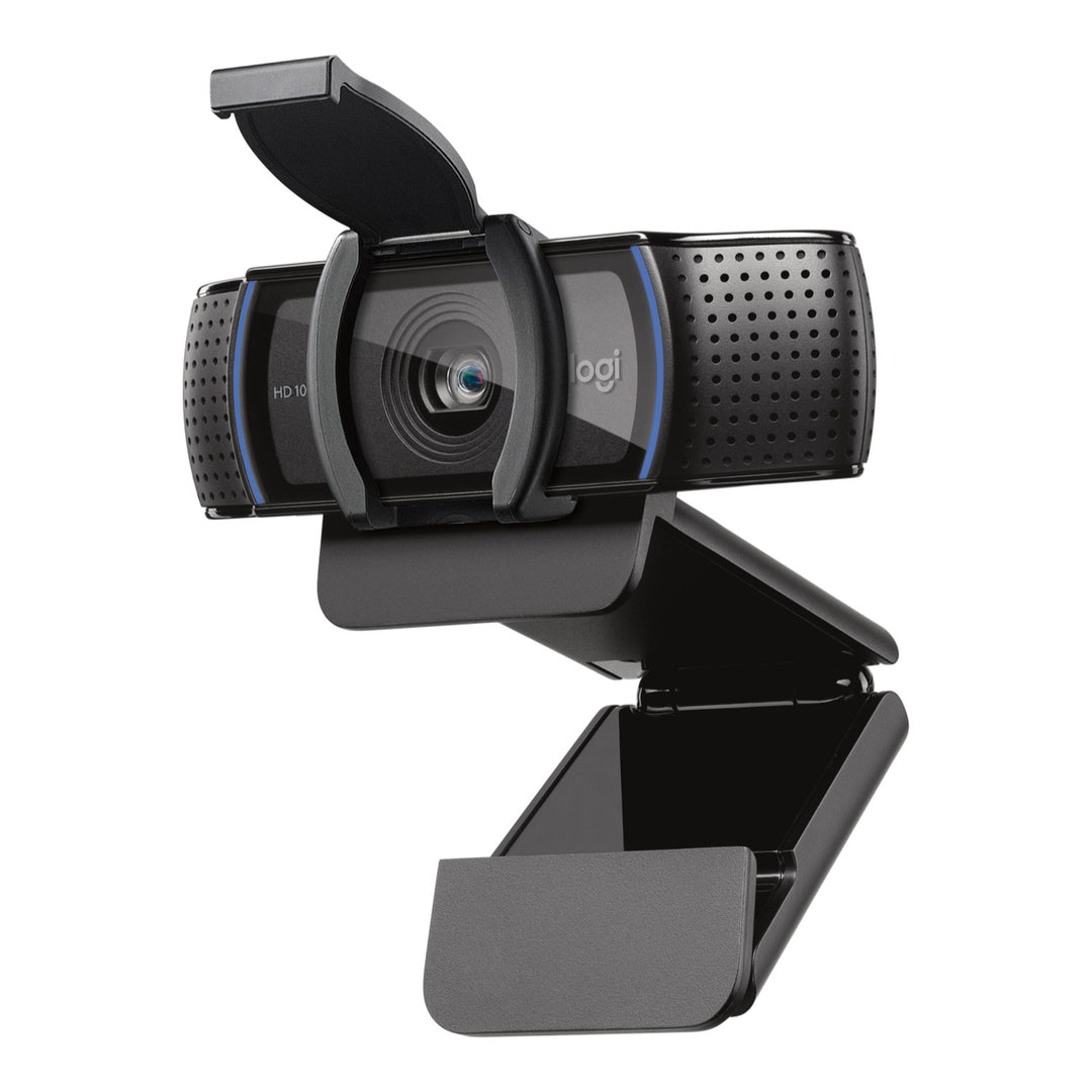 Logitech C920s Pro HD Webcam in black, three-quarter front view with the privacy shutter flipped open and the mounting clip unfolded