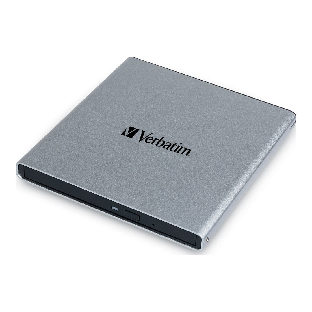Verbatim External All-in-One Optical Writer 71094 in silver with the black disc tray front and the Verbatim logo on top