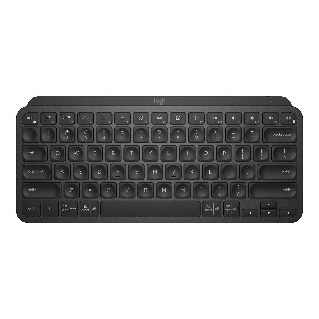 Logitech MX Keys Mini wireless keyboard in Black, top view of the English US QWERTY layout