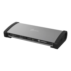 j5create JTD562 Thunderbolt 4 docking station in space grey with black end caps, front three-quarter view showing the SD 4.0 slot, USB 2.0 port, audio jack and Thunderbolt host port