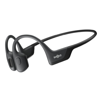 Shokz OpenRun Pro S810 bone conduction headphones in black, three-quarter view of the wraparound band and transducers