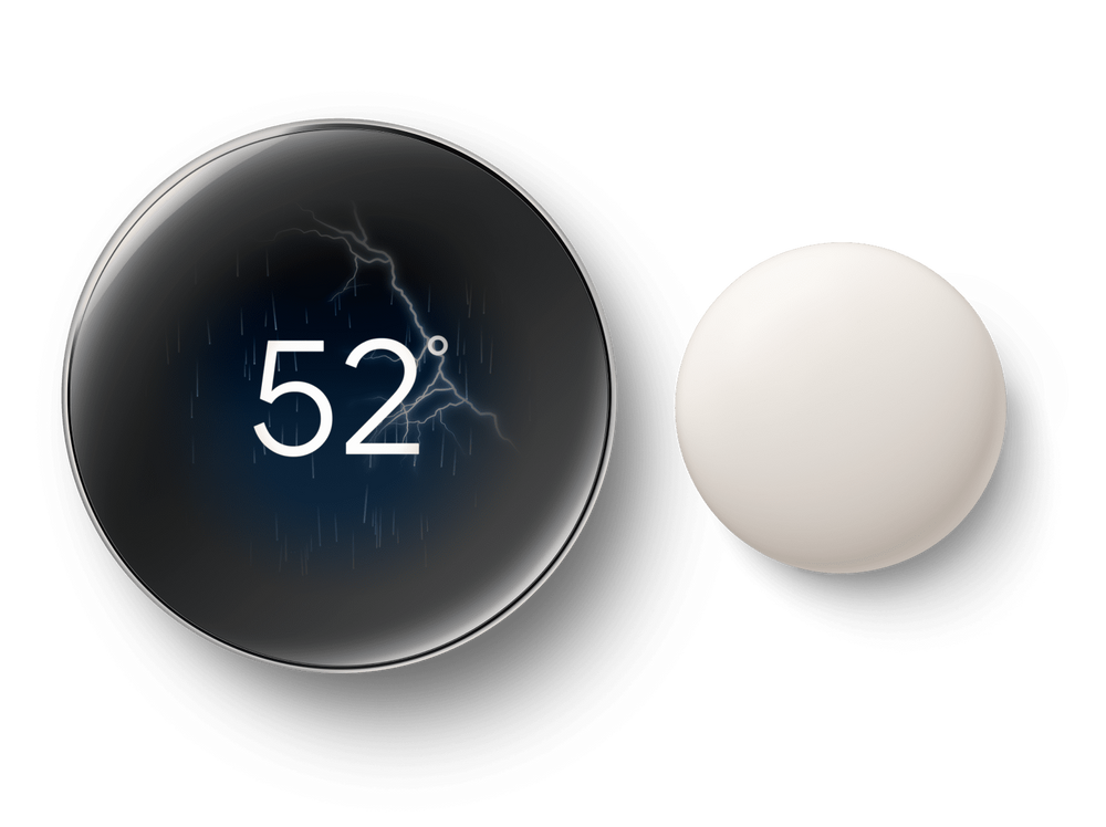 Nest Learning Thermostat 4th gen in Polished Silver next to the Nest Temperature Sensor, display showing 52 degrees #color_polished-silver