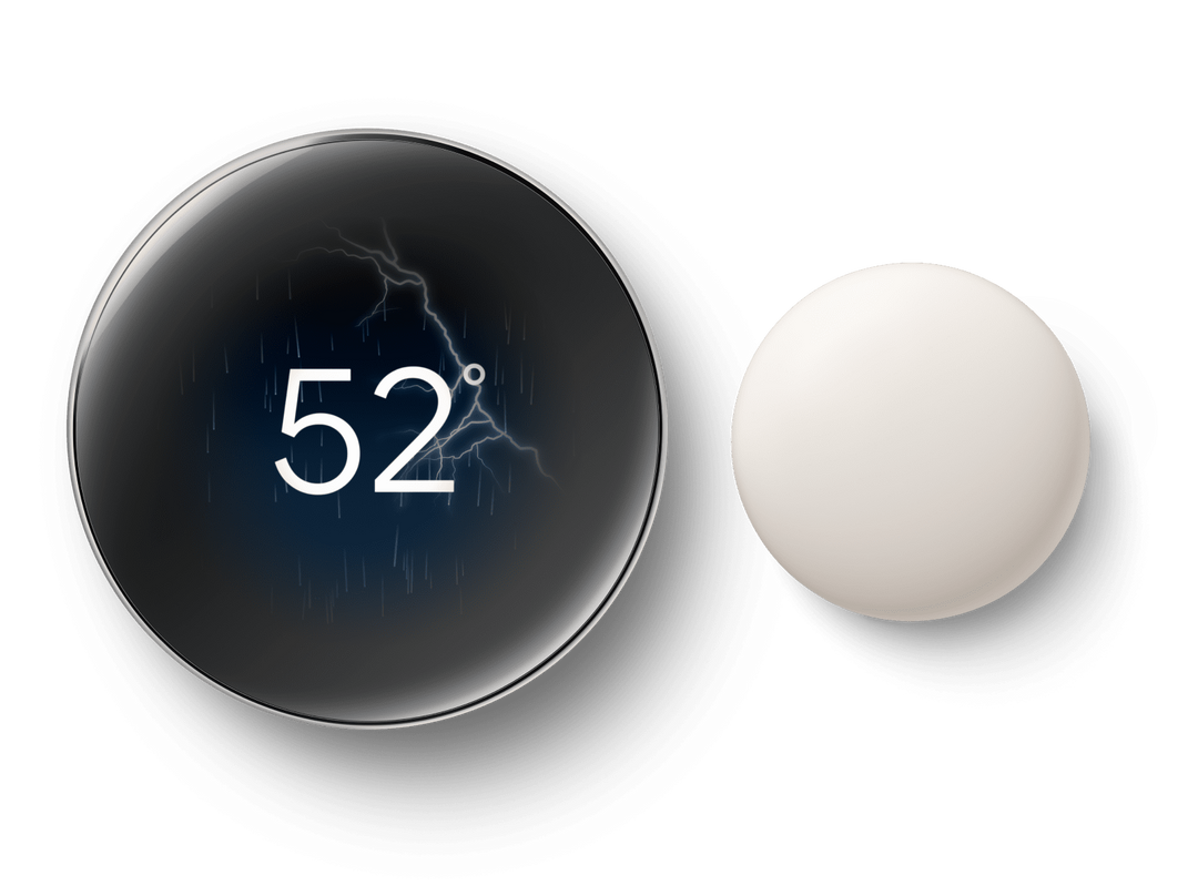 Nest Learning Thermostat 4th gen in Polished Silver next to the Nest Temperature Sensor, display showing 52 degrees #color_polished-silver