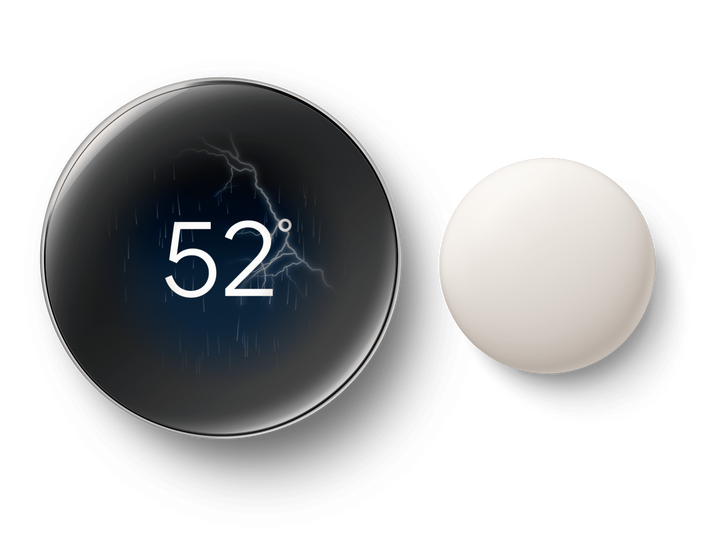 Nest Learning Thermostat 4th gen in Polished Silver next to the Nest Temperature Sensor, display showing 52 degrees #color_polished-silver